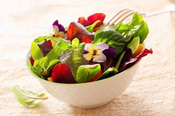 zeleninový salát přizdobený květem macešky