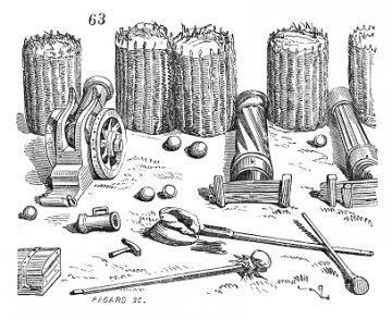 gabiony v podobě proutěných košů na obranu dělostřelectva v XVI. století, Wikipedia